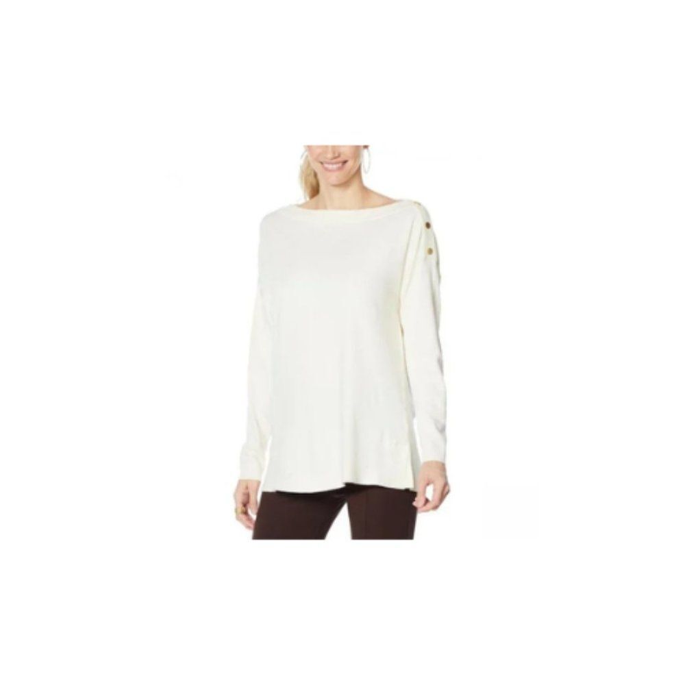 Coleen Lopez Womens One Shoulder Button Pullover Sweater Cream Size Small